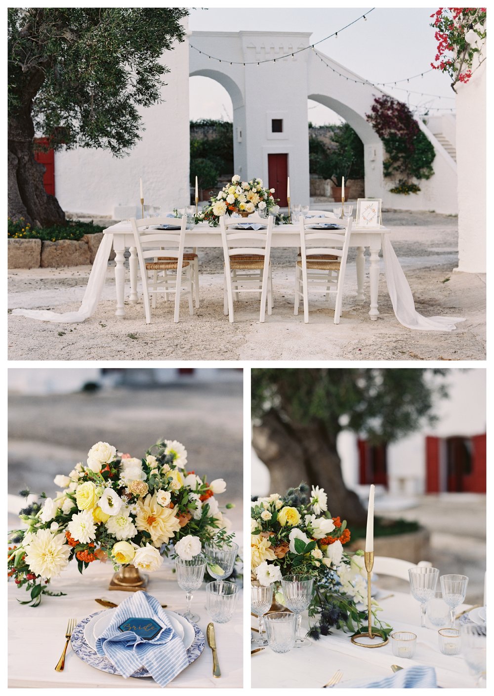 italy wedding, wedding table, destination wedding puglia, al fresco wedding, outdoor wedding, wedding centerpiece, yellow flowers, summer wedding, 