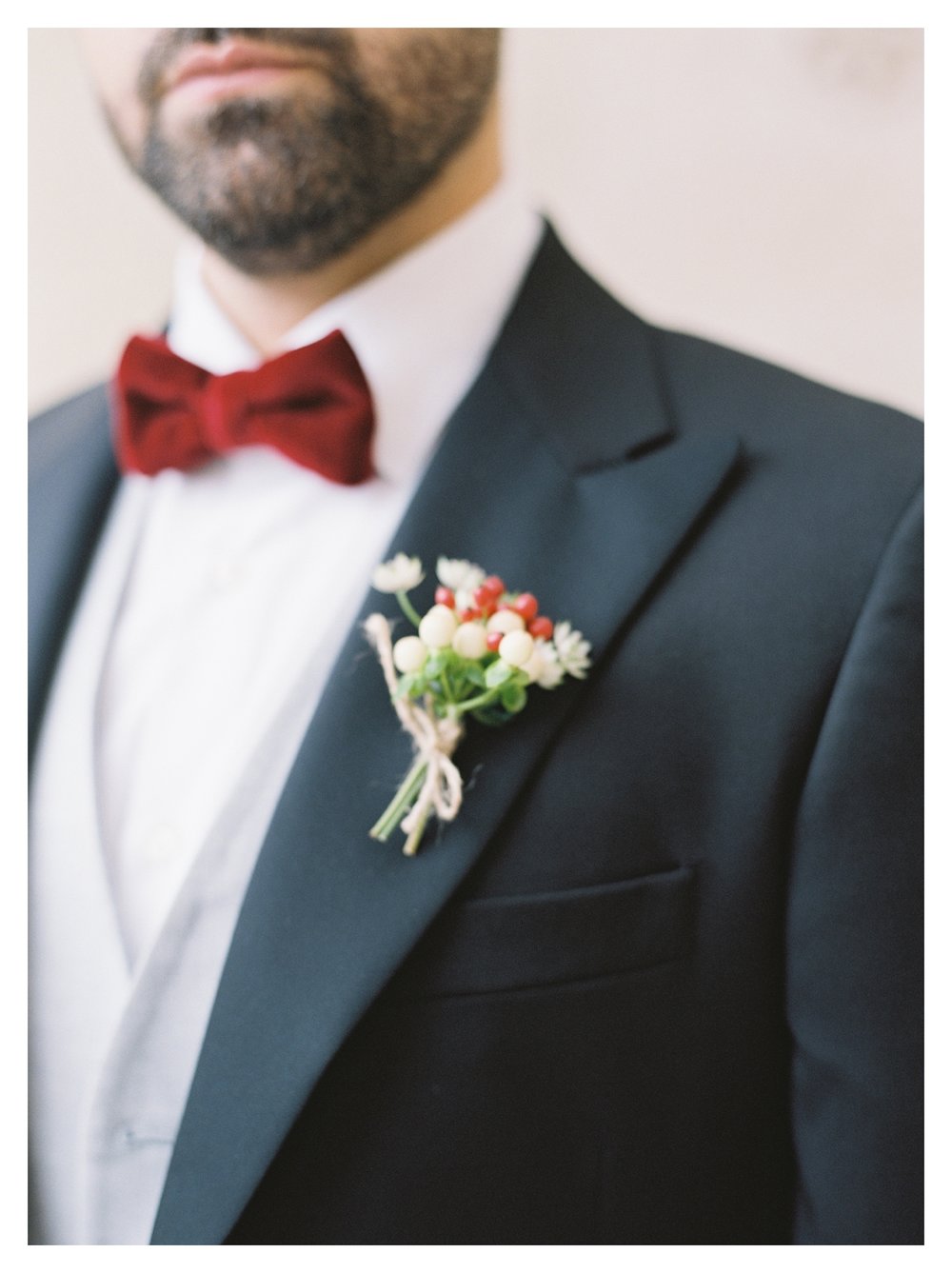 groom, red velvet bow tie, wedding suit