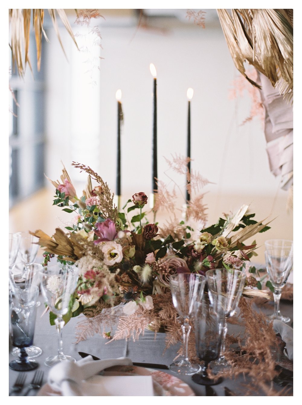 pink wedding flowers, winter wedding flowers, table setting, black taper candles 