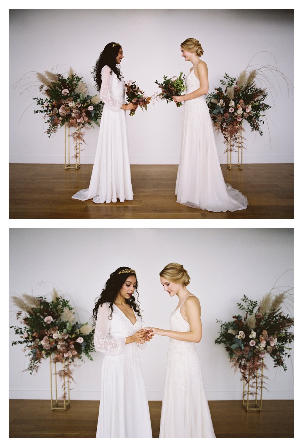 two brides, wedding ceremony, long sleeve wedding dress