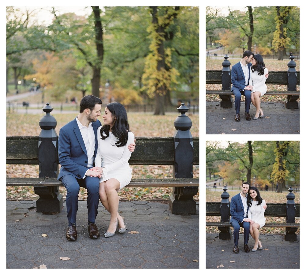  Autumn engagement photos in New York City, couple sitting on a bench in central park 