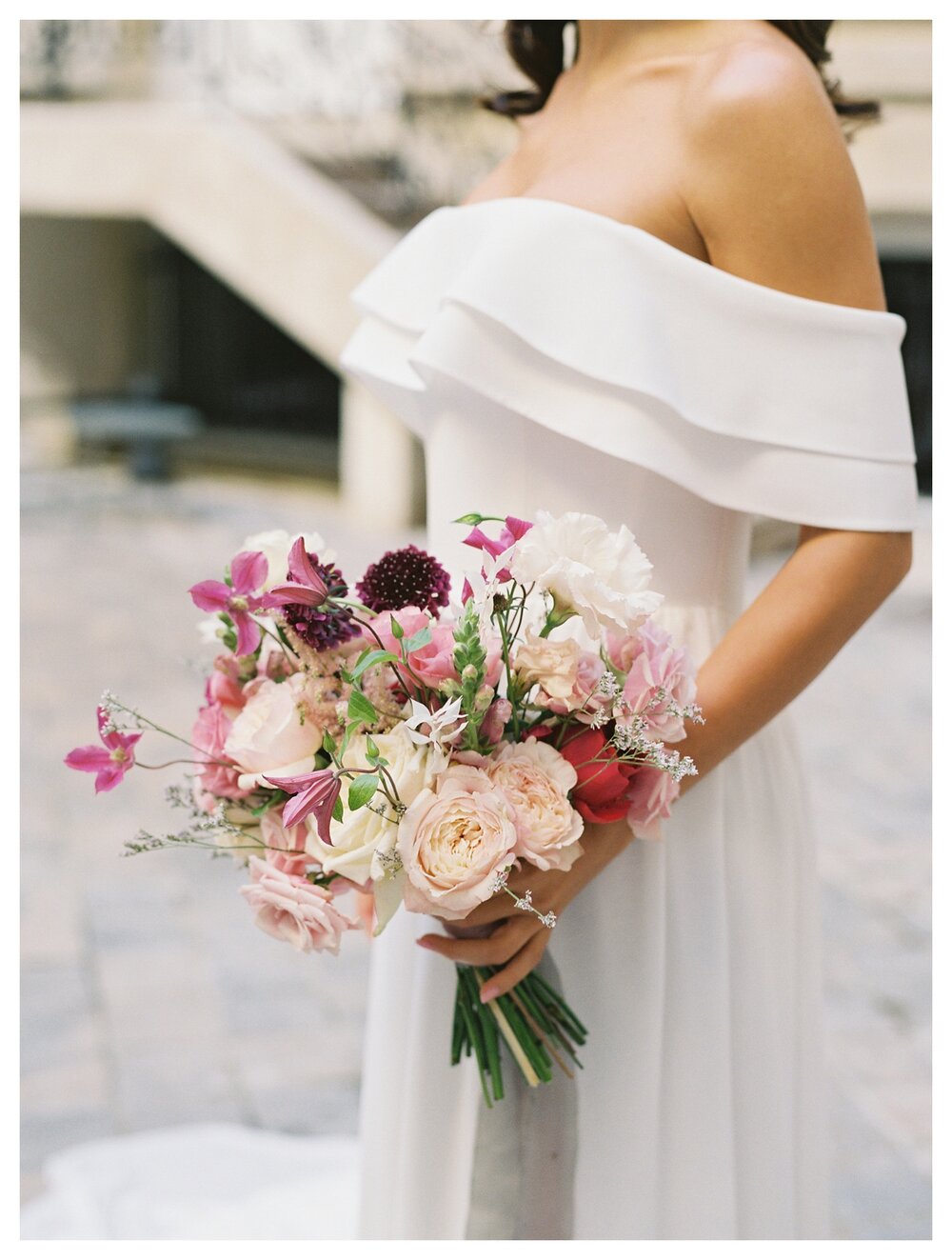 pink bride bouquet, off the shoulder wedding dress 