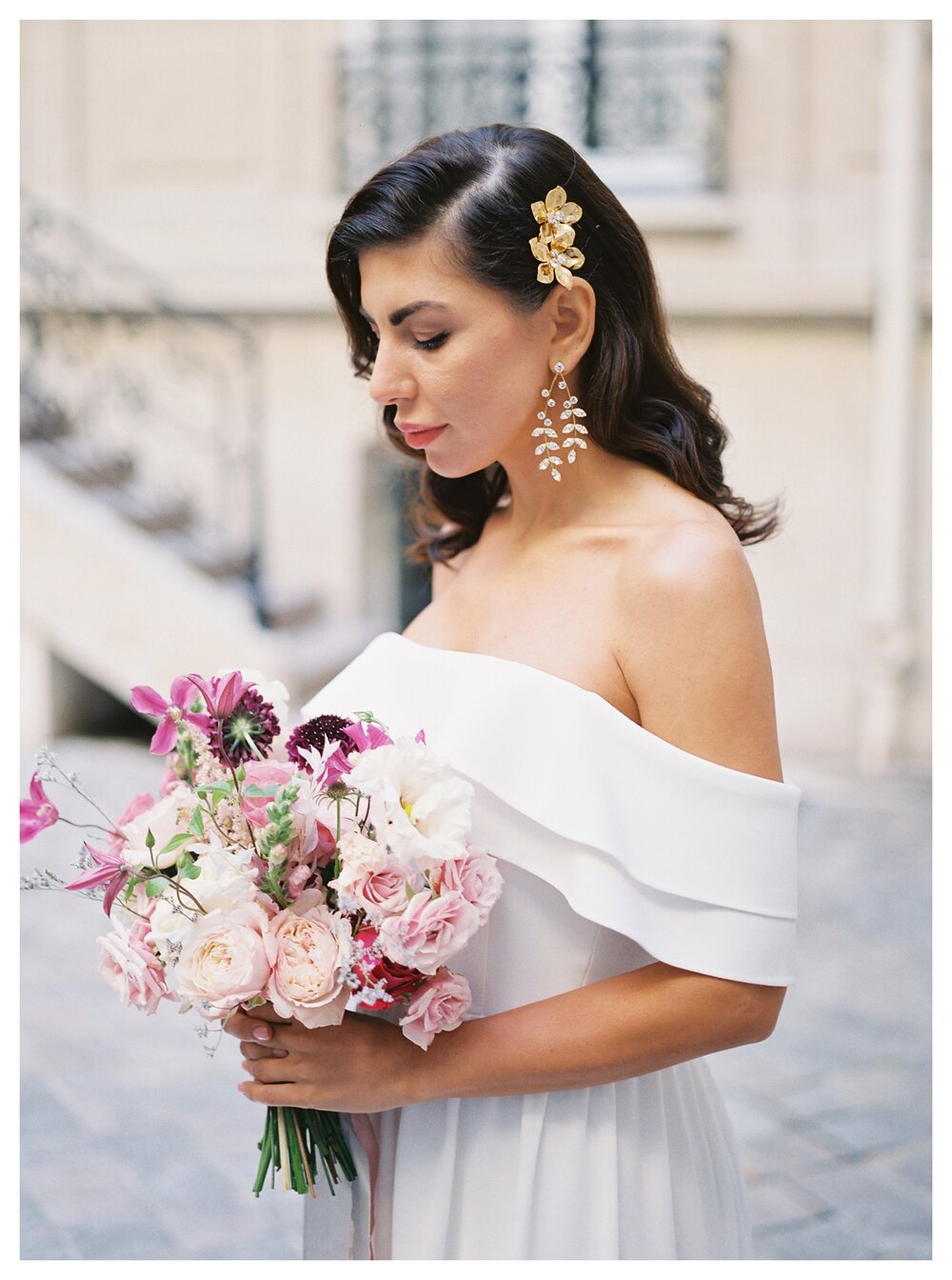  bride portrait, wedding flowers, off the shoulder wedding dress 