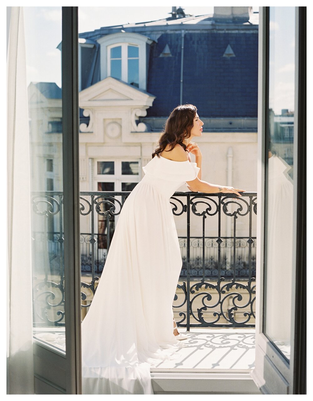  Hotel Chateau Frontenac Paris wedding, Paris balcony, bride on Paris balcony, bardot wedding dress 
