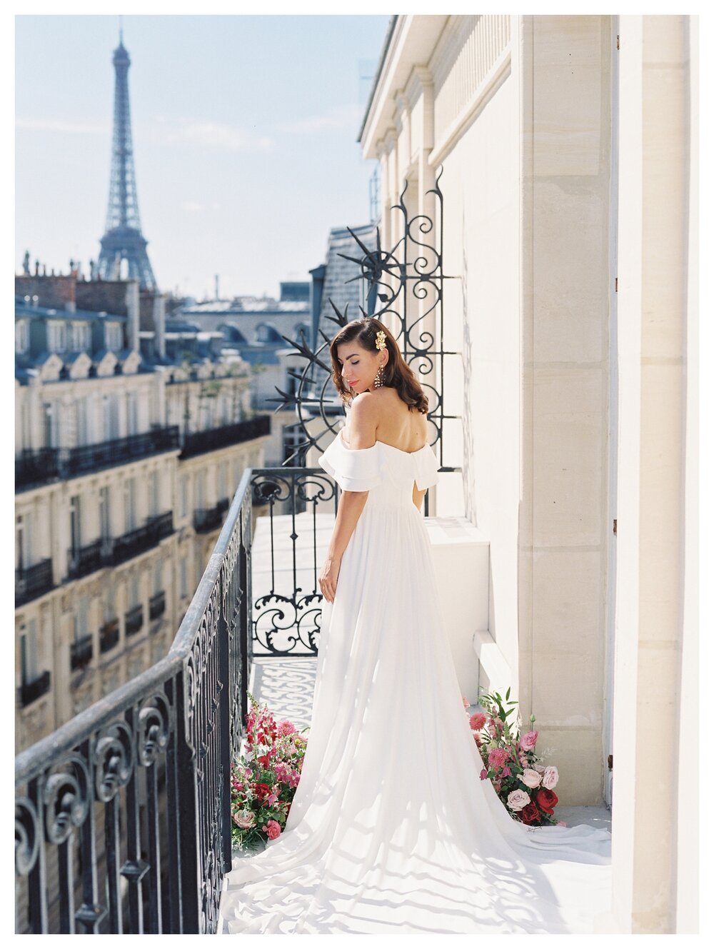  Bride on Paris balcony with eiffel tower view, Hotel Chateau Frontenac Paris wedding 