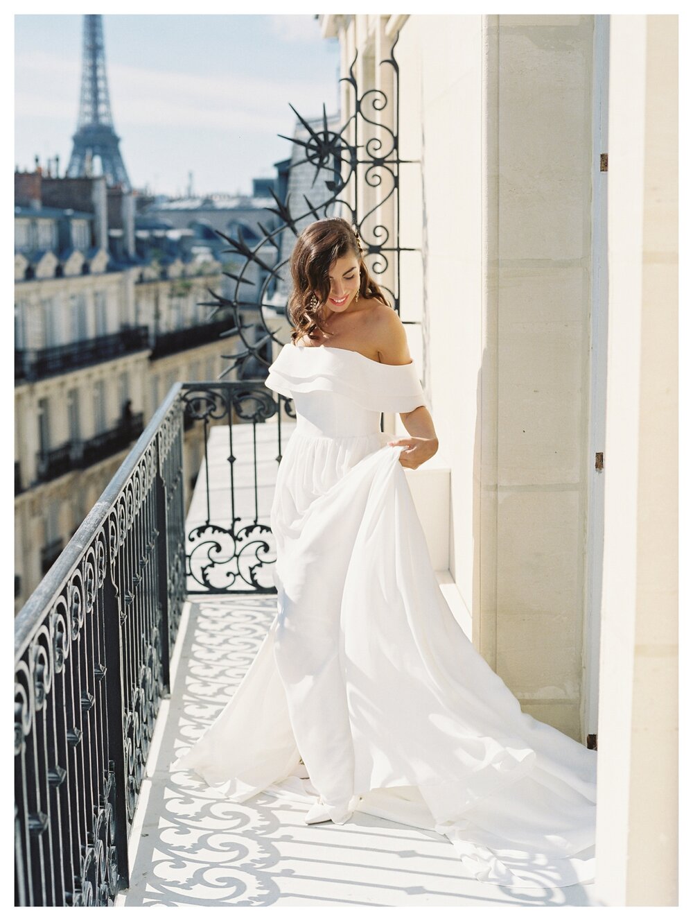  Bride on Paris balcony, France wedding photographer 