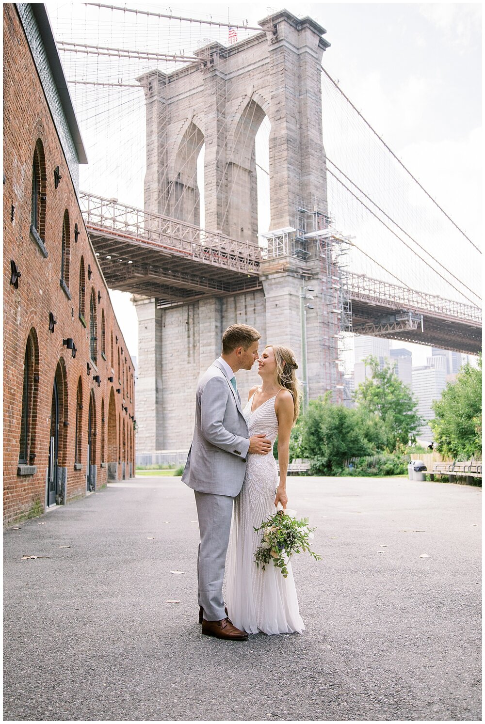  bride and groom wedding elopement at brooklyn bridge park, new york city wedding, brooklyn wedding, new york city micro wedding  