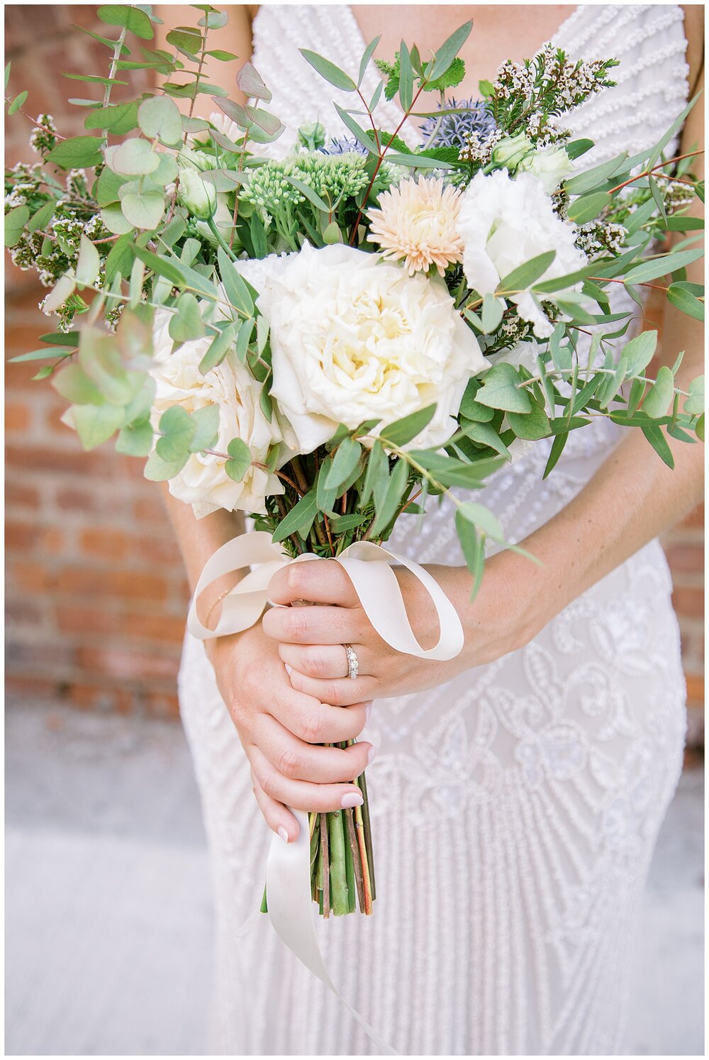  bride holding white and green bouquet, brooklyn wedding 